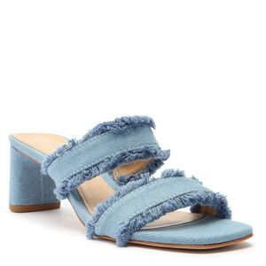 Schutz Amely Mid Block Denim Frayed Slide Sandals Blue 10B Womens Square Toe